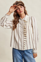Listicle Embroidered Stripe Ruffle Front Cotton Blouse in Brown