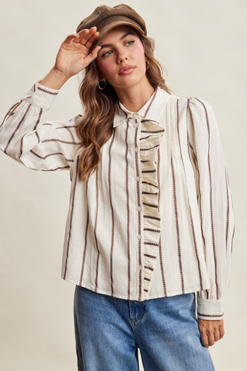 Listicle Embroidered Stripe Ruffle Front Cotton Blouse in Brown