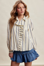 Load image into Gallery viewer, Listicle Embroidered Stripe Ruffle Front Cotton Blouse in Navy
