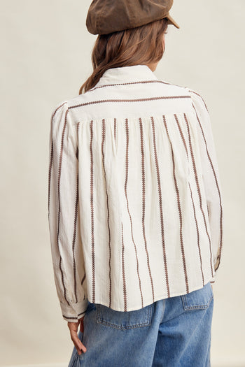 Listicle Embroidered Stripe Ruffle Front Cotton Blouse in Brown