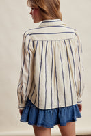 Listicle Embroidered Stripe Ruffle Front Cotton Blouse in Navy