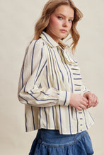 Load image into Gallery viewer, Listicle Embroidered Stripe Ruffle Front Cotton Blouse in Navy
