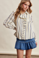 Listicle Embroidered Stripe Ruffle Front Cotton Blouse in Navy