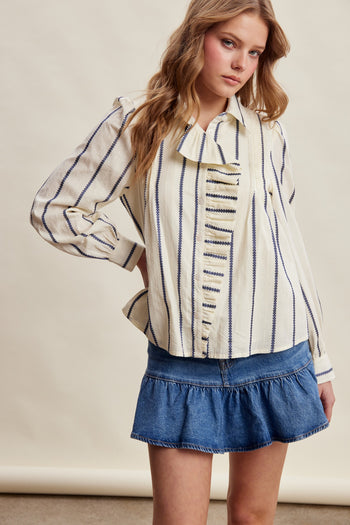 Listicle Embroidered Stripe Ruffle Front Cotton Blouse in Navy