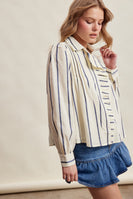 Listicle Embroidered Stripe Ruffle Front Cotton Blouse in Navy