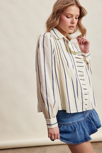 Listicle Embroidered Stripe Ruffle Front Cotton Blouse in Navy