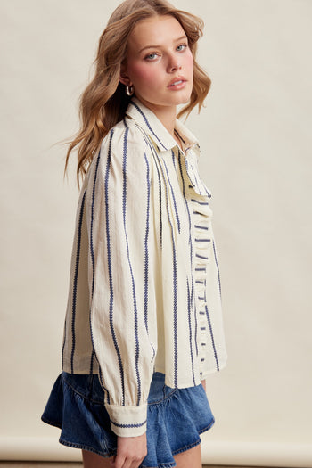 Listicle Embroidered Stripe Ruffle Front Cotton Blouse in Navy