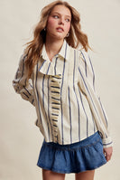 Listicle Embroidered Stripe Ruffle Front Cotton Blouse in Navy