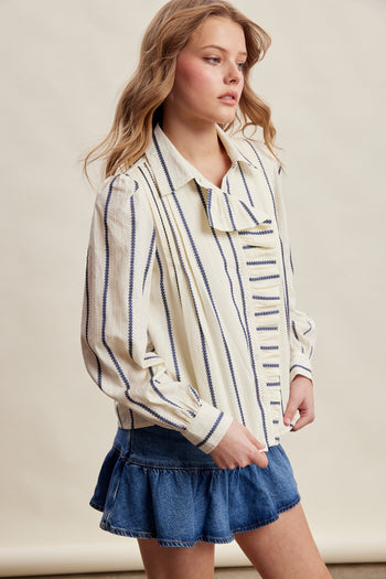 Listicle Embroidered Stripe Ruffle Front Cotton Blouse in Navy