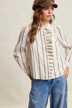 Load image into Gallery viewer, Listicle Embroidered Stripe Ruffle Front Cotton Blouse in Brown
