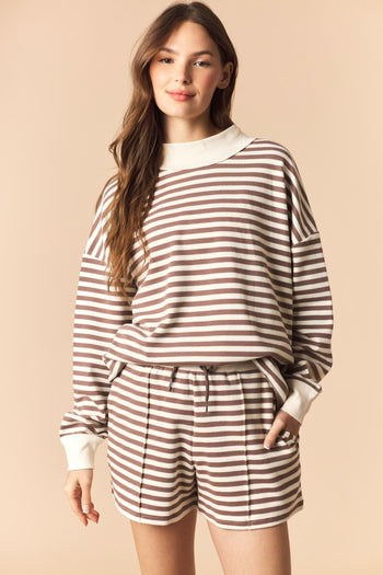 Peach Love Brushed Knit Striped Set in Mocha/Ivory