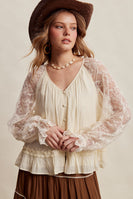 Listicle Floral Lace Sleeve Tiered Lined Boho Top in Ecru