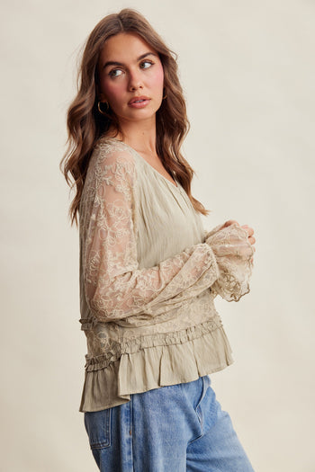 Listicle Floral Lace Sleeve Tiered Lined Boho Top in Olive