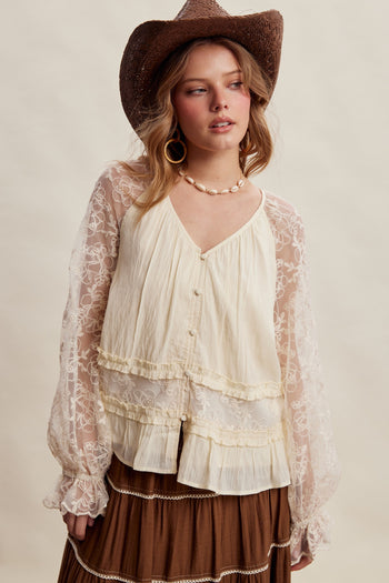 Listicle Floral Lace Sleeve Tiered Lined Boho Top in Ecru