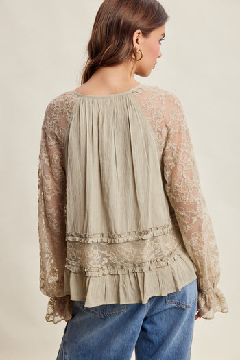 Listicle Floral Lace Sleeve Tiered Lined Boho Top in Olive