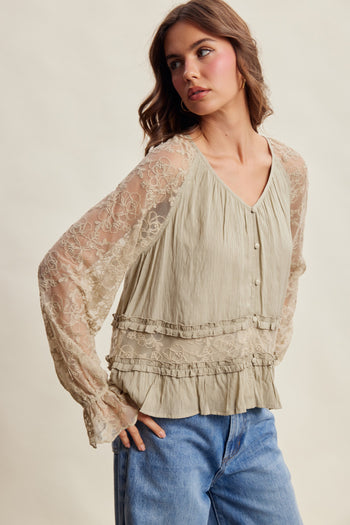 Listicle Floral Lace Sleeve Tiered Lined Boho Top in Olive