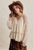 Listicle Floral Lace Sleeve Tiered Lined Boho Top in Ecru