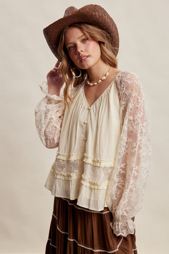 Listicle Floral Lace Sleeve Tiered Lined Boho Top in Ecru