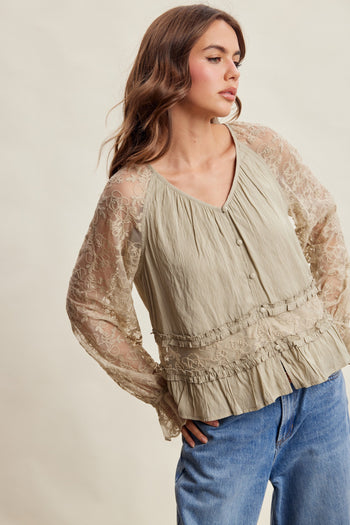 Listicle Floral Lace Sleeve Tiered Lined Boho Top in Olive