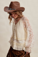 Listicle Floral Lace Sleeve Tiered Lined Boho Top in Ecru