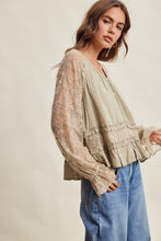 Load image into Gallery viewer, Listicle Floral Lace Sleeve Tiered Lined Boho Top in Olive
