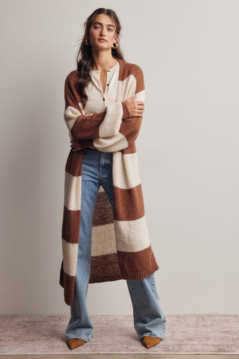 Forte Striped Longline Knit Cardigan in Brown