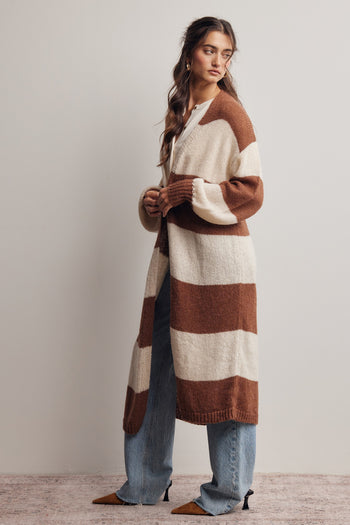 Forte Striped Longline Knit Cardigan in Brown