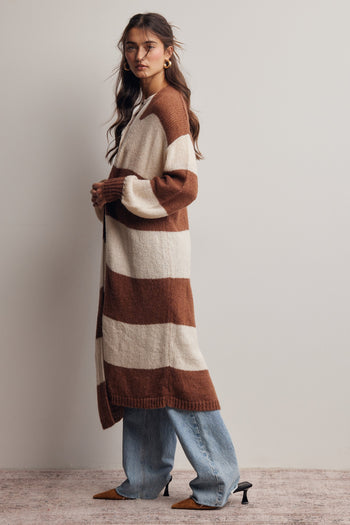 Forte Striped Longline Knit Cardigan in Brown