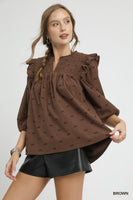 Umgee Corduroy Top with Mini Bow Print in Brown