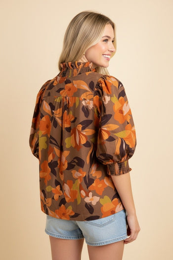 Heimish Floral Ruffle Front Blouse in Mocha