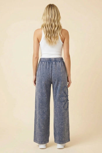 Heimish Floral Applique Drawstring Waist Wide Leg Lounge Pants in Denim