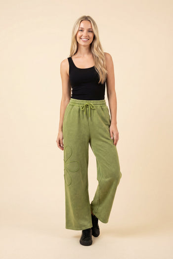 Heimish Floral Applique Drawstring Waist Wide Leg Lounge Pants in Olive