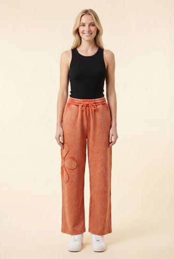 Heimish Floral Applique Drawstring Waist Wide Leg Lounge Pants in Terracotta