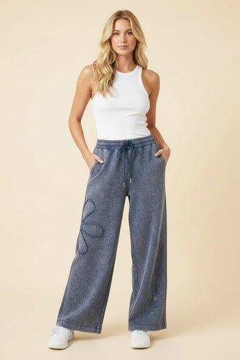 Heimish Floral Applique Drawstring Waist Wide Leg Lounge Pants in Denim