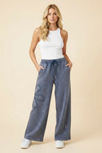 Load image into Gallery viewer, Heimish Floral Applique Drawstring Waist Wide Leg Lounge Pants in Denim
