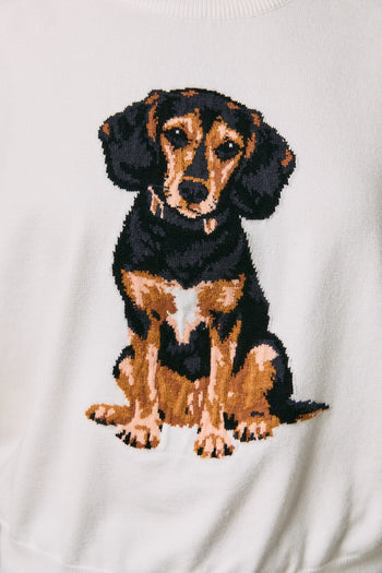 Le Lis Knit Sweater with Beagle Dog Graphic Front in White
