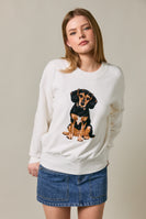 Le Lis Knit Sweater with Beagle Dog Graphic Front in White
