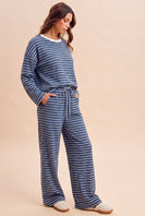 AnnieWear Brushed Stripe Jersey Tee And Drawstring Waist Pants Set in Denim Blue