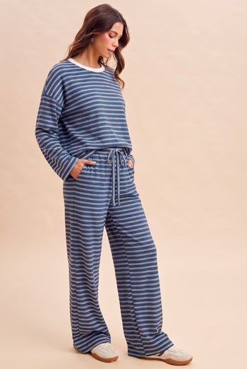 AnnieWear Brushed Stripe Jersey Tee And Drawstring Waist Pants Set in Denim Blue