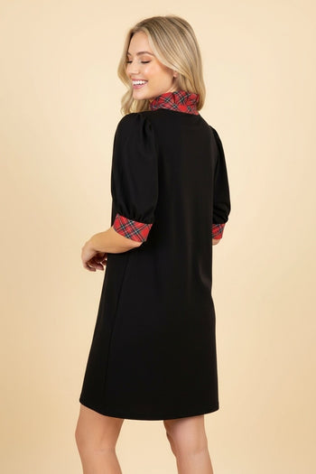 Heimish Mini Shift Dress With Tartan Plaid Trim in Black