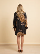 Heimish Floral Long Sleeve Split Neck Shift Mini Dress in Black/Taupe
