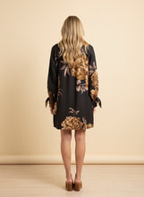 Load image into Gallery viewer, Heimish Floral Long Sleeve Split Neck Shift Mini Dress in Black/Taupe
