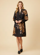 Heimish Floral Long Sleeve Split Neck Shift Mini Dress in Black/Taupe