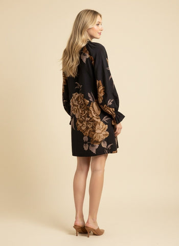 Heimish Floral Long Sleeve Split Neck Shift Mini Dress in Black/Taupe