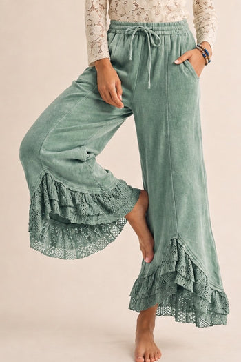 LovLov Romantic Lace Whisper Wide Leg Pants in Sage
