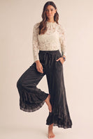 LovLov Romantic Lace Whisper Wide Leg Pants in Charcoal Black