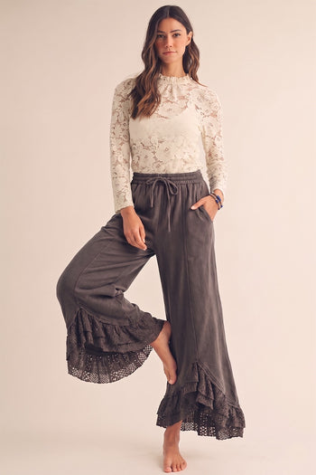 LovLov Romantic Lace Whisper Wide Leg Pants in Mocha Mousse