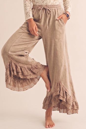 LovLov Romantic Lace Whisper Wide Leg Pants in Latte