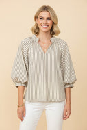 Heimish Striped Lantern Sleeve Blouse With Scalloped Hem in Cream