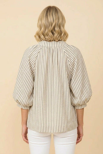 Heimish Striped Lantern Sleeve Blouse With Scalloped Hem in Cream
